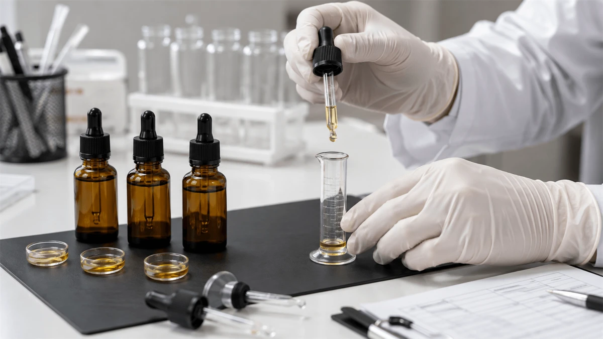Three-trial dispensing test using an essential oil bottle, dropper and measured liquid volume Three-trial dispensing test using an essential oil bottle, dropper and measured liquid volume